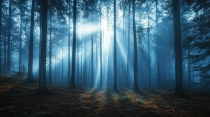 A misty forest with sunlight streaming through the trees, creating a serene atmosphere.