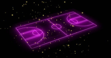 Naklejka premium Glowing basketball court image over black background with floating golden particles