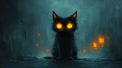 A mysterious black cat with glowing eyes in a dark, atmospheric setting.