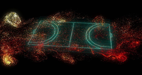 Naklejka premium Digital basketball court with glowing lines and particles image