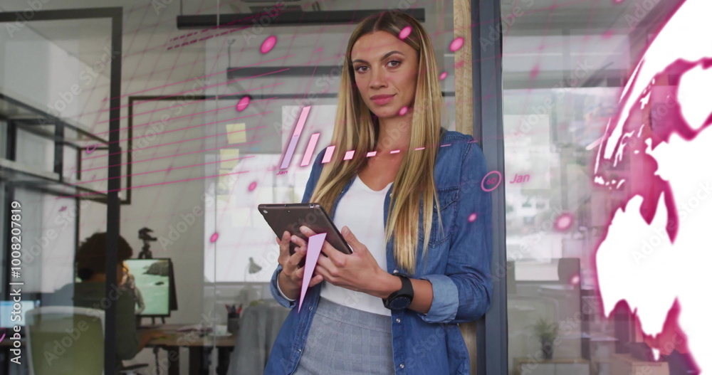 Canvas Prints Image of financial data processing over caucasian businesswoman using tablet in office