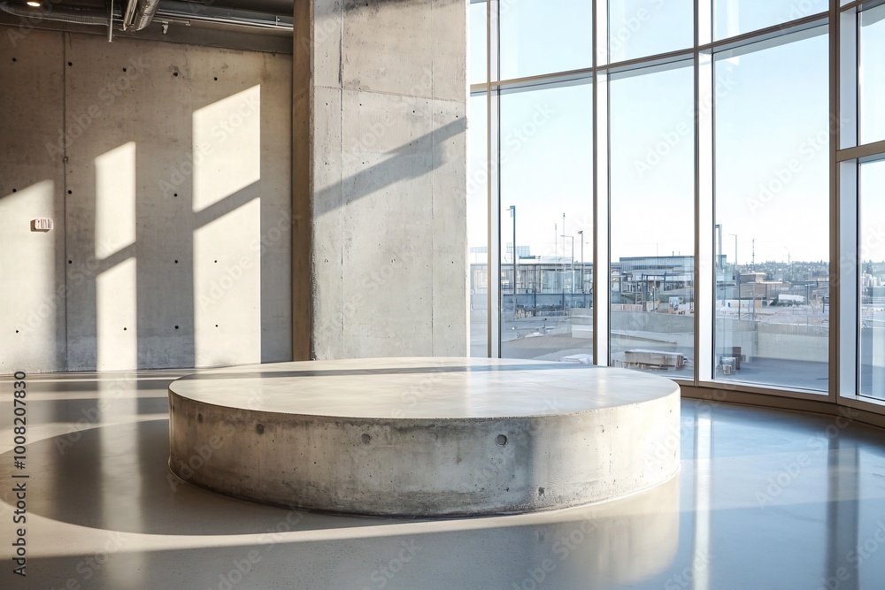 Poster concrete platform in a modern building with a panoramic view.