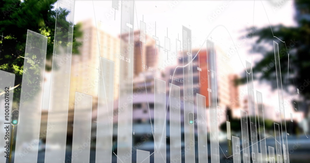 Poster bar chart and line graph image over cityscape background
