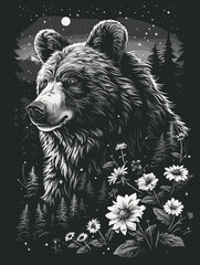 A bear is standing in a forest with flowers in the background. The bear has a curious expression on its face