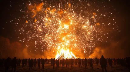 Crowd enjoying bonfire night with fireworks exploding in the sky