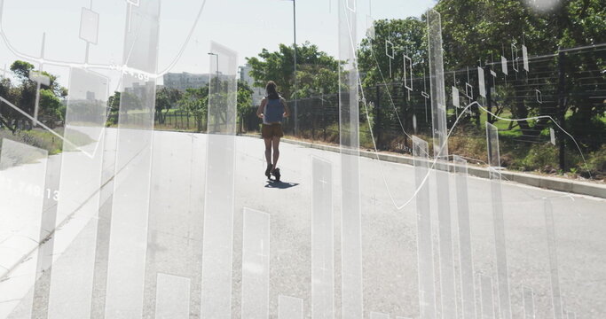 Financial data charts image over person riding scooter on sunny road - Powered by Adobe