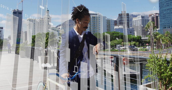 Businessman checking watch with financial data processing image over cityscape background