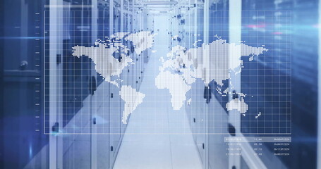 Image of data processing and world map over computer servers
