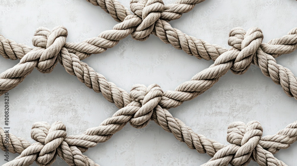 Poster a close-up view of interwoven ropes forming a textured pattern on a light background.
