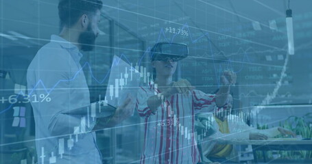 Image of financial data processing over diverse business people in office