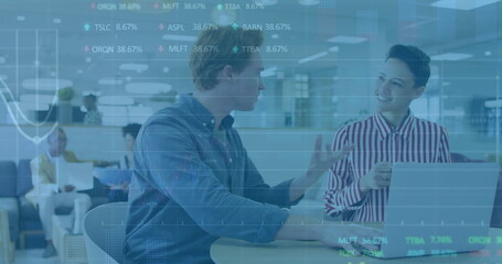 Image of financial data processing over diverse business people in office