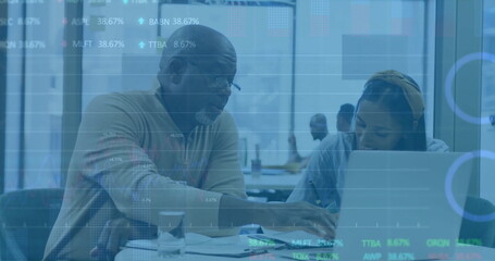 Image of financial data processing over diverse business people using laptop