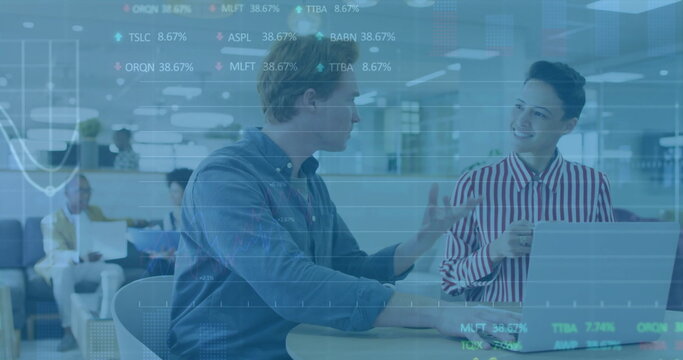 Image of financial data processing over diverse business people in office