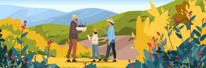 Family gathering berries in a scenic countryside surrounded by colorful foliage and rolling hills under a clear sky