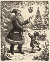 Naklejka premium Santa Vintage engraved Christmas background card style