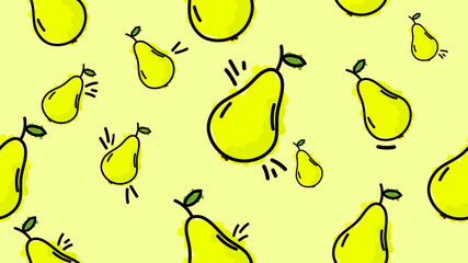 Raster illustration. Seamless pattern of pears. Hand-drawn style. Line art. Color doodle style. Design for wallpaper, background, poster, banner.