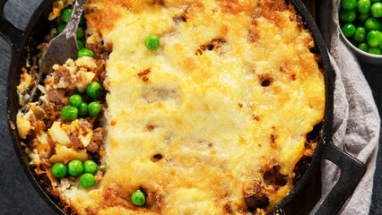 Shepherd’s Pie - ground meat with vegetables, topped with mashed potatoes, and cheese. Baked.