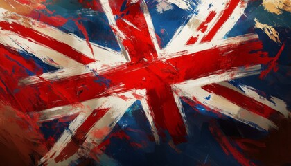A painted, textured, abstract, close-up of the British Union Jack flag.
