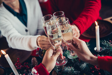 Cropped photo of four peaceful family members arms hold champagne glass clink cheers celebrate christmas apartment indoors