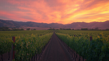 Fototapeta premium A vineyard landscape at sunset, with rows of grapevines heavy with ripe grapes