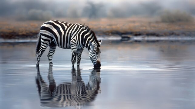 A zebra drinking from a watering hole, its reflection shimmering in the water.