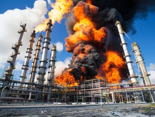 Big flame of fire and black smoke, explosion in an industrial oil refinery factory building - ai