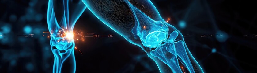 Futuristic illustration of a human knee joint with glowing effect, highlighting anatomy, movement, and potential medical conditions.