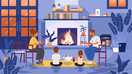 Family by fireplace cozy living room interior warm atmosphere parents kids modern home plants bookshelves