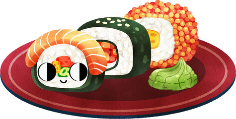 Sushi on a red plate featuring salmon maki roll, ikura maki roll, and ikura, cartoon character hand-drawn watercolor painting illustration © 3dcr3at3