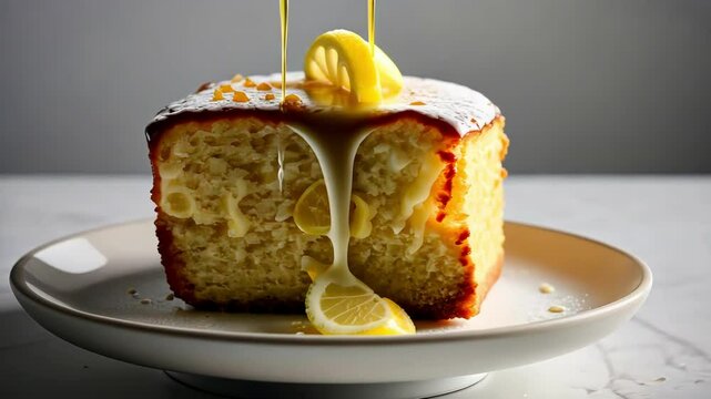 A delicious lemon cake slice drizzled with syrup, showcasing a warm and inviting dessert with bright flavors and appealing texture