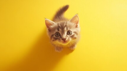 A tiny, adorable kitten is sitting on a bright yellow surface. You're looking down at it from above.