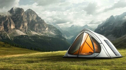 A modern tent set in a scenic mountainous landscape, ideal for outdoor camping and adventure.