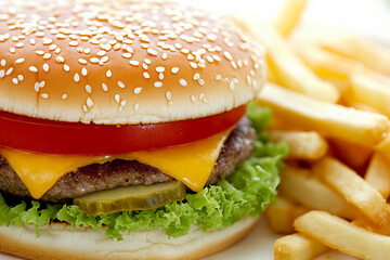 Delicious classic burger cheeseburger with crispy fries, featuring fresh lettuce, juicy beef patty, melted cheddar, pickles, and tomato in a sesame seed bun for the ultimate comfort food meal.