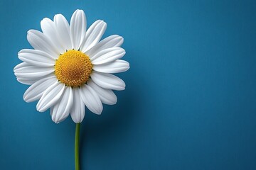 Single daisy on a blue background in a top view composition emphasizing minimal elegance