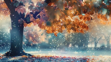 A tree with multicolored leaves and a layer of sparkling ice.