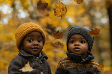 two African american toddlers wearing modern warm clothes with colorful autumn forest in the background