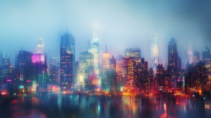 Obraz premium A Blurry Nightscape of a City Skyline with Reflected Lights