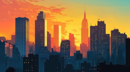 Fototapeta premium Silhouette of a City Skyline with a Golden Sunset