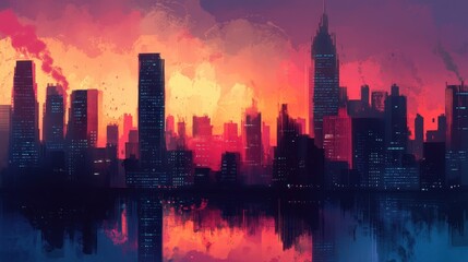 Obraz premium A Silhouetted City Skyline Reflected in Water at Sunset