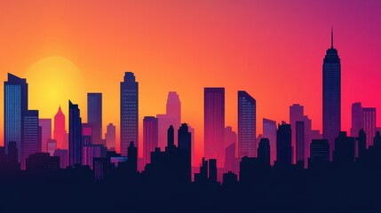 Obraz premium City Skyline Silhouette at Sunset with Orange and Pink Gradient Sky