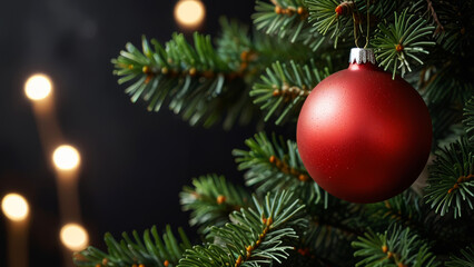 Close-up of red Christmas ball hanging on tree branch with blurred festive lights