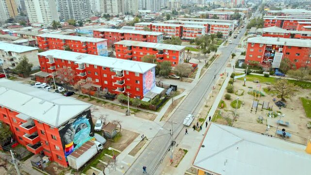 AERIAL: Quiet streets and condos at the San Miguel open air museum, Santiago, Chile