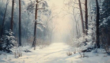 Naklejka premium A snowy forest path leads into the distance, with sunlight filtering through the bare branches of the trees.