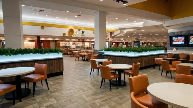 A spacious and modern restaurant interior with empty tables and inviting decor, suggesting a casual dining atmosphere