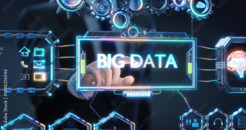Poster businessman is touching a big data button on a futuristic digital interface