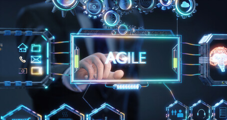 Businessman using agile methodology on virtual touchscreen interface