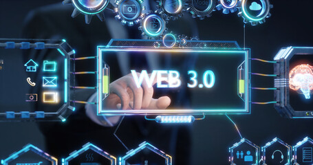 Businessman is touching web 3.0 inscription in futuristic interface surrounded by digital icons