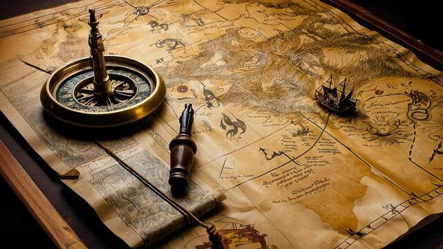 A vintage map and compass set the scene for an adventurous exploration, highlighting nautical themes and intricate cartography techniques