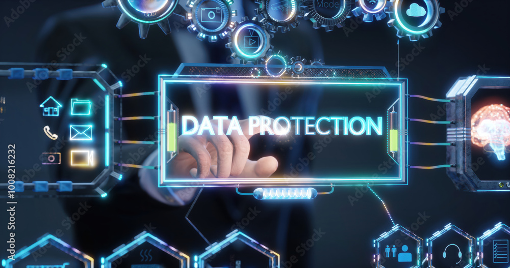Poster businessman pointing at data protection on interactive interface with brain 3d rendering