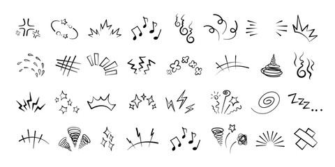 Manga or anime comic emoticon element graphic effects hand drawn doodle vector illustration set isolated on white background. Line style manga doodle line expression scribble anime mark collection.